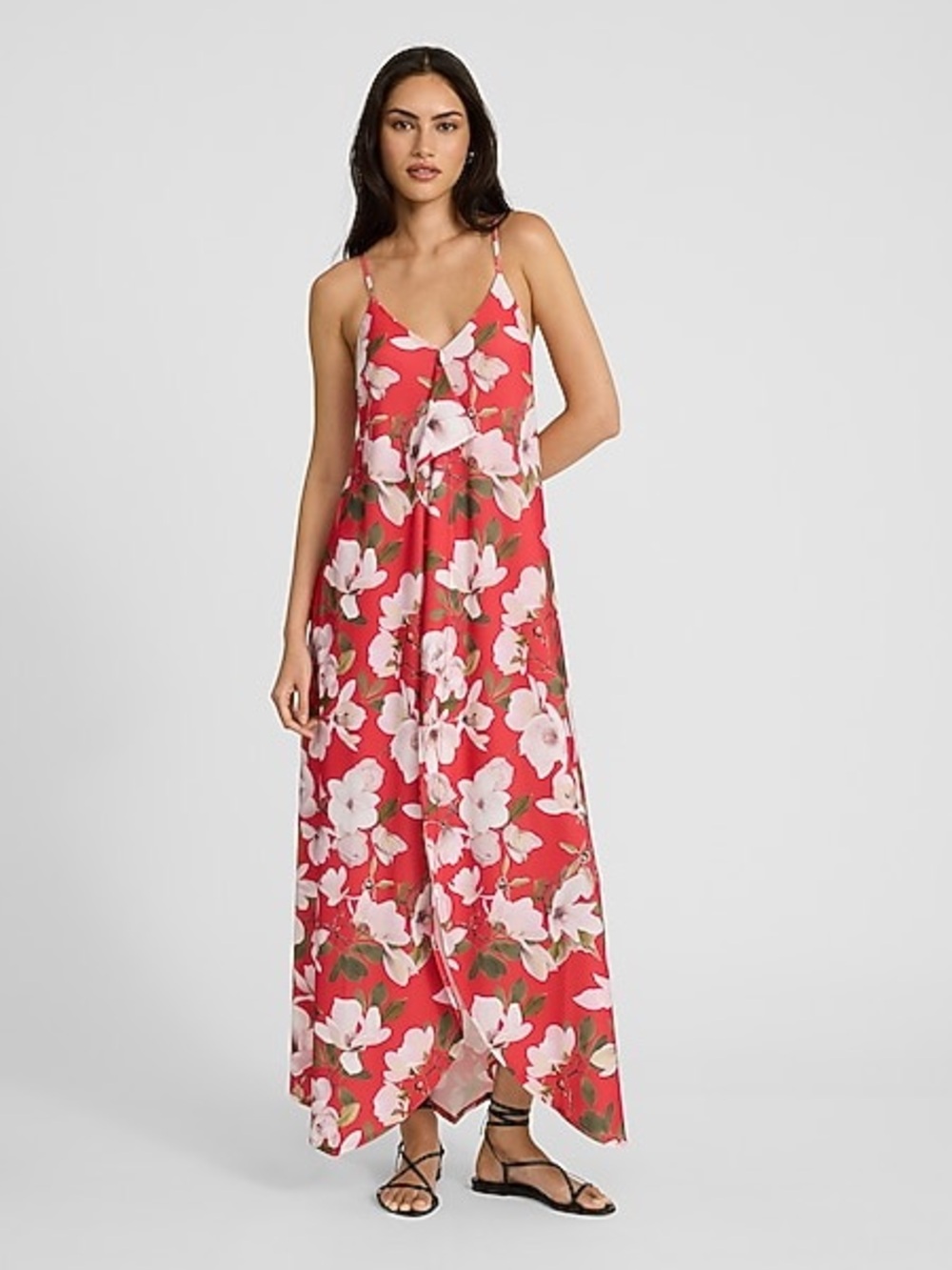 Express Floral Tie Back Asymmetrical Hem Red Sleeveless Maxi Dress